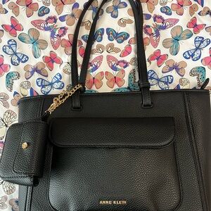 Anne Klein Black Pebble Leather Tote with Gold Chain Accent
